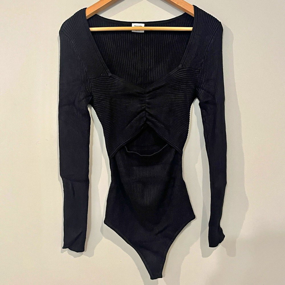 Abercrombie & Fitch Cutout Ribbed Bodysuit Chic Black M Long Sleeve Cutout